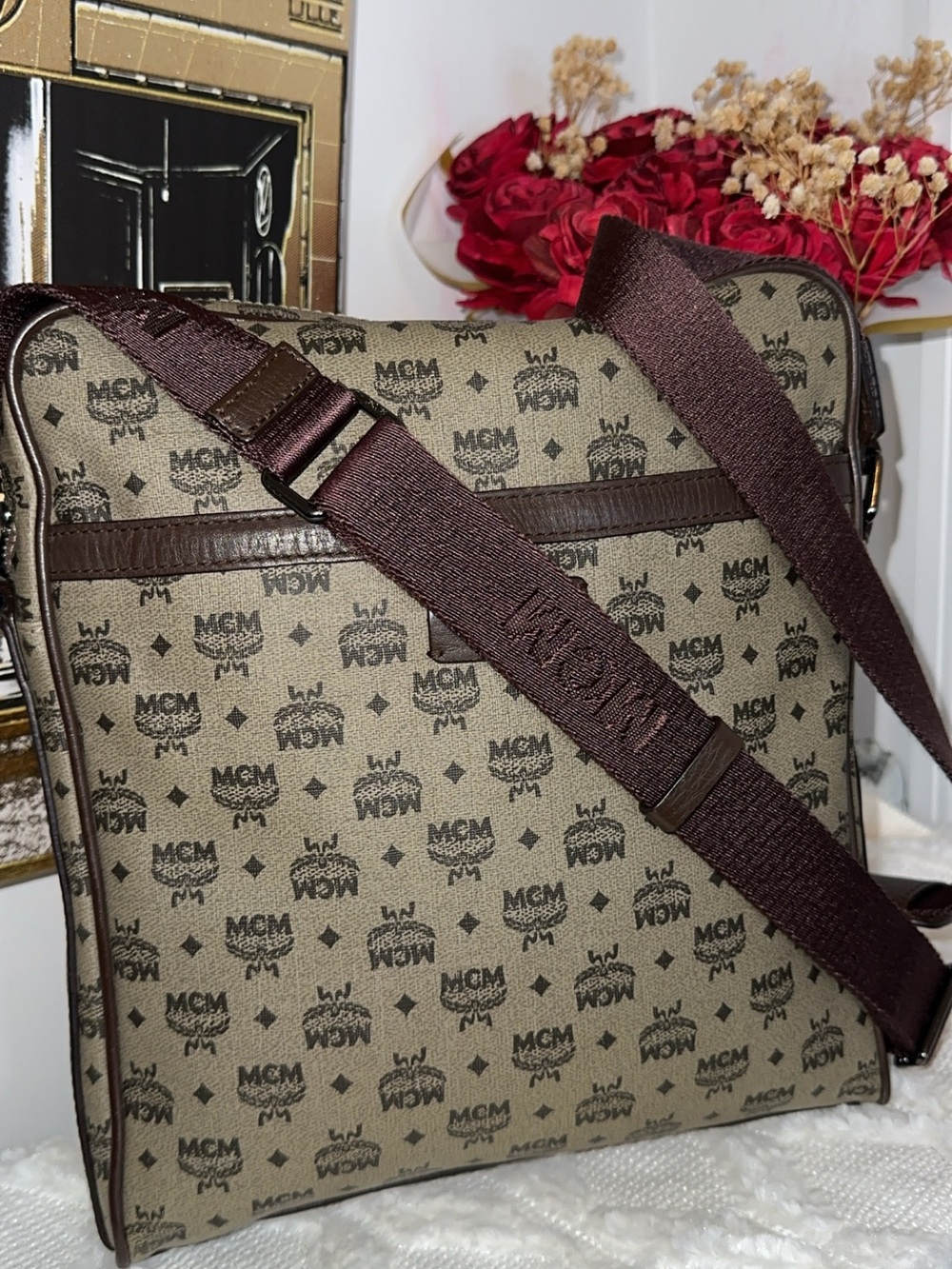 MCM Brown Monogram Canvas Messenger Bag with Dark Brown Strap